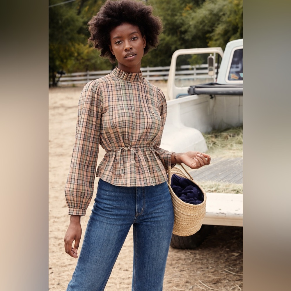 DÔEN Palmera Check Printed Waist Belted Pintucked Organic Cotton Voile Blouse